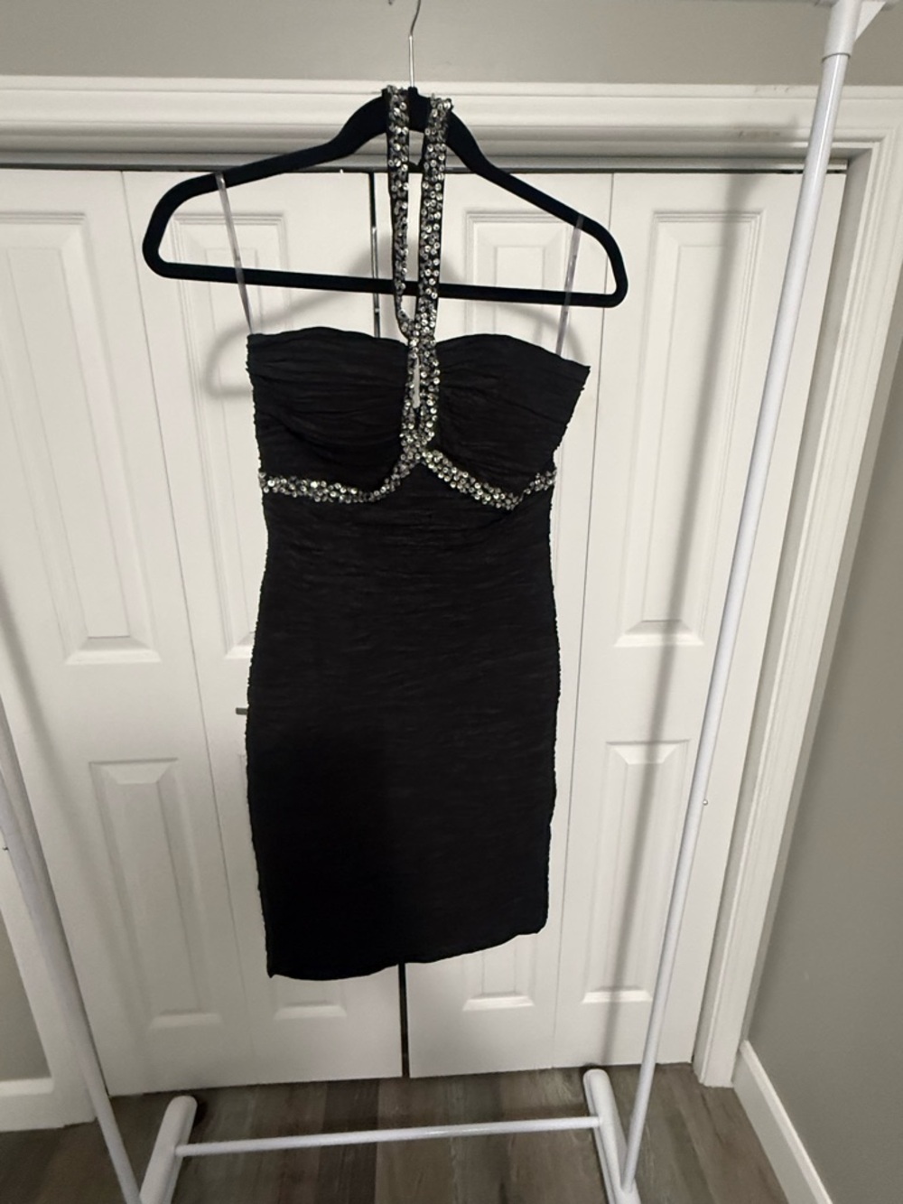 Daisy Black Mini Dress with Crystal Halter Detail